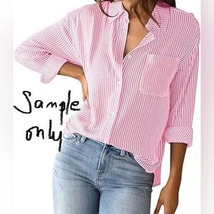 Fashion Pink Fall Striped Button Up Casual Quarter Sleeve